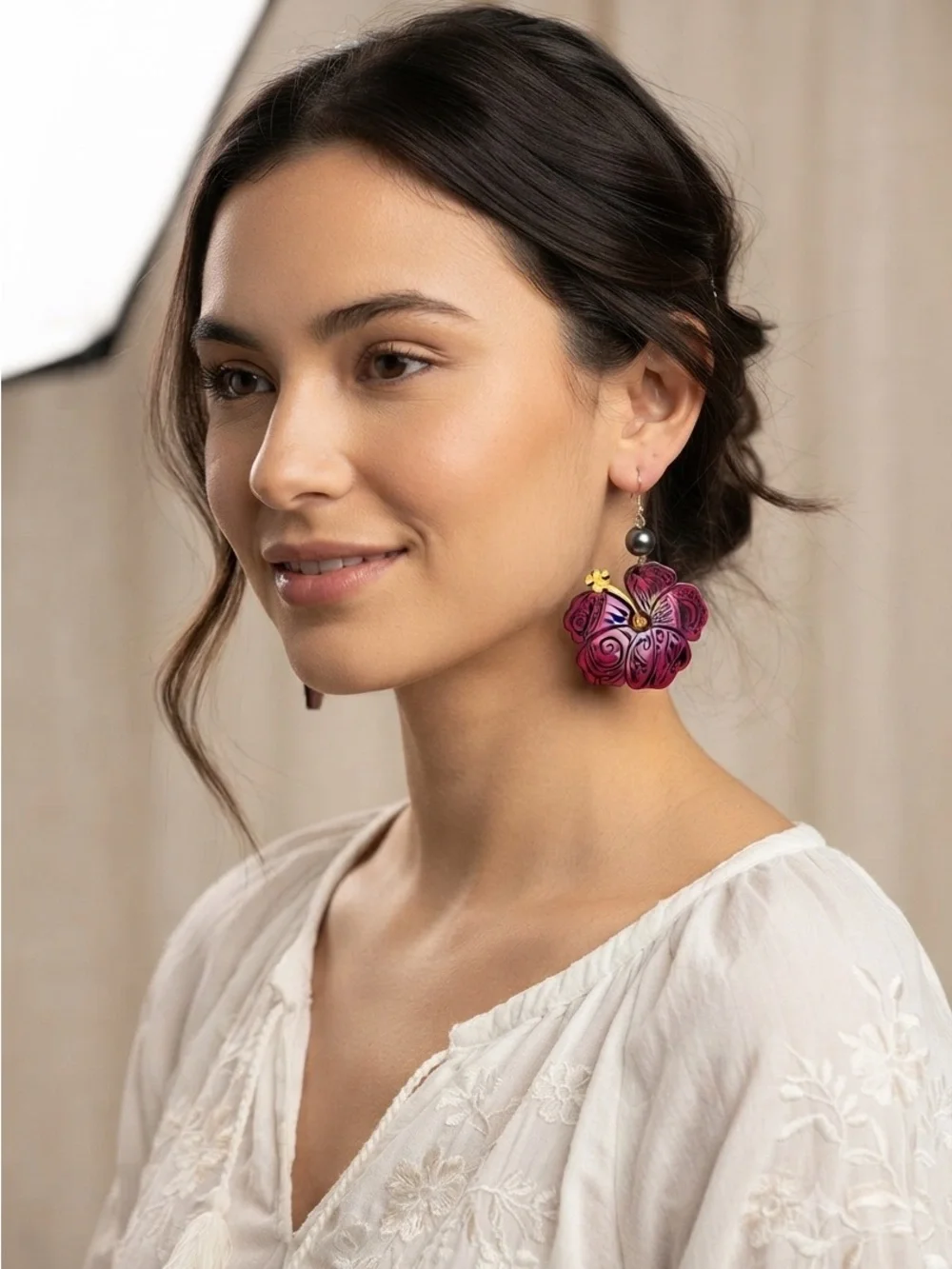 Hawaiian Tribal Hibiscus Earrings | Magenta Tahitian Pearl Tropical Dangles